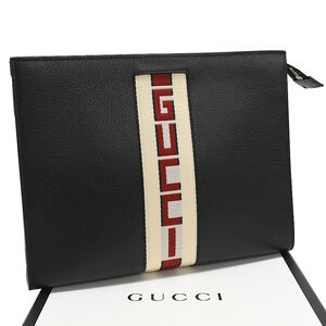 Gucci Clutch Bag Clutch Leather Black Web Stripe Sherry